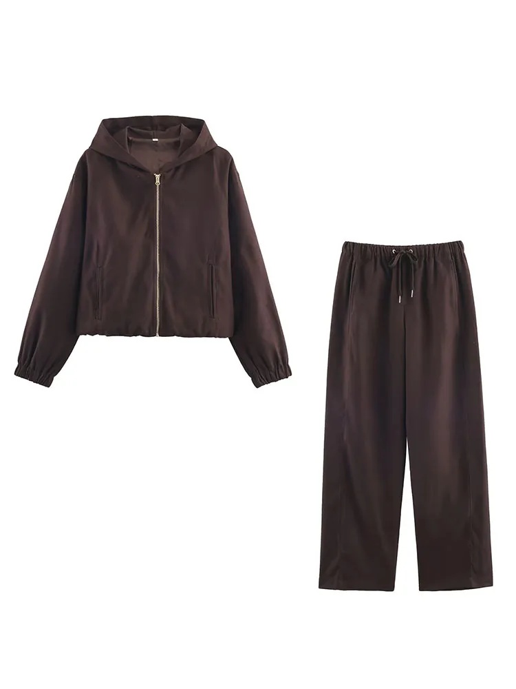 HH Frauen Mode Hosen Anzug Solide Lange Ärmel Tasche Mit Kapuze Zipper Kurze Jacke + Casual Lose Kordelzug Straße Breite bein Hosen