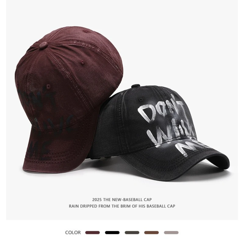 American Retro Spray‑Print Letter Baseball Cap, Trendy Washed Soft Crown Peaked Cap, Versatile Sun Shade Hat for Outdoor Travel