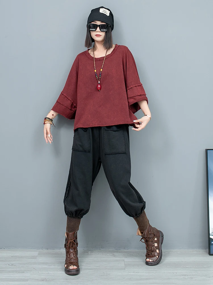 

Women Summer Loose Fashion Solid Color Distressed O-neck Three Quarter Sleeves T-shirt Elastic Waist Harem Pants Two-piece Suit