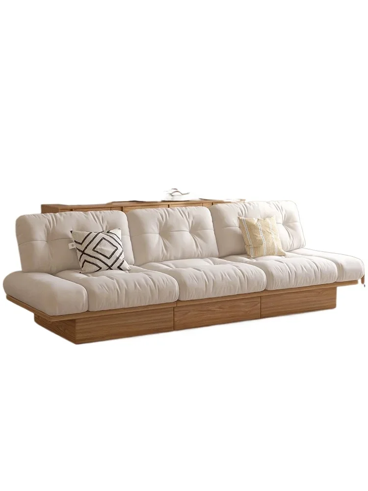 Cloud cloth sofa log cream wind solid wood simple modern small apartment Japanese-style floor storage super wide