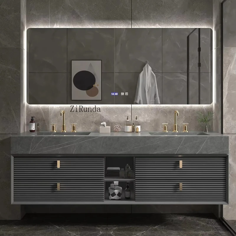 Современный легкий роскошный шкаф для ванной комнаты с двойной раковиной, встроенный шиферный умывальник, лакированная дверная панель