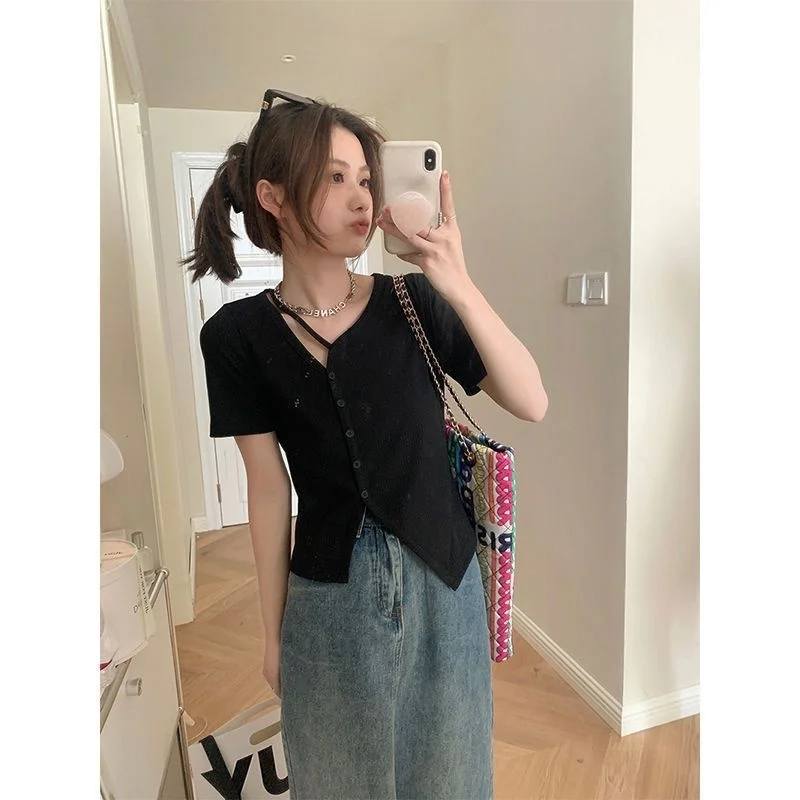 

Высококачественный летний топ с V-образным вырезом и разрезом, подчеркивающий фигуру, белый, для женщин