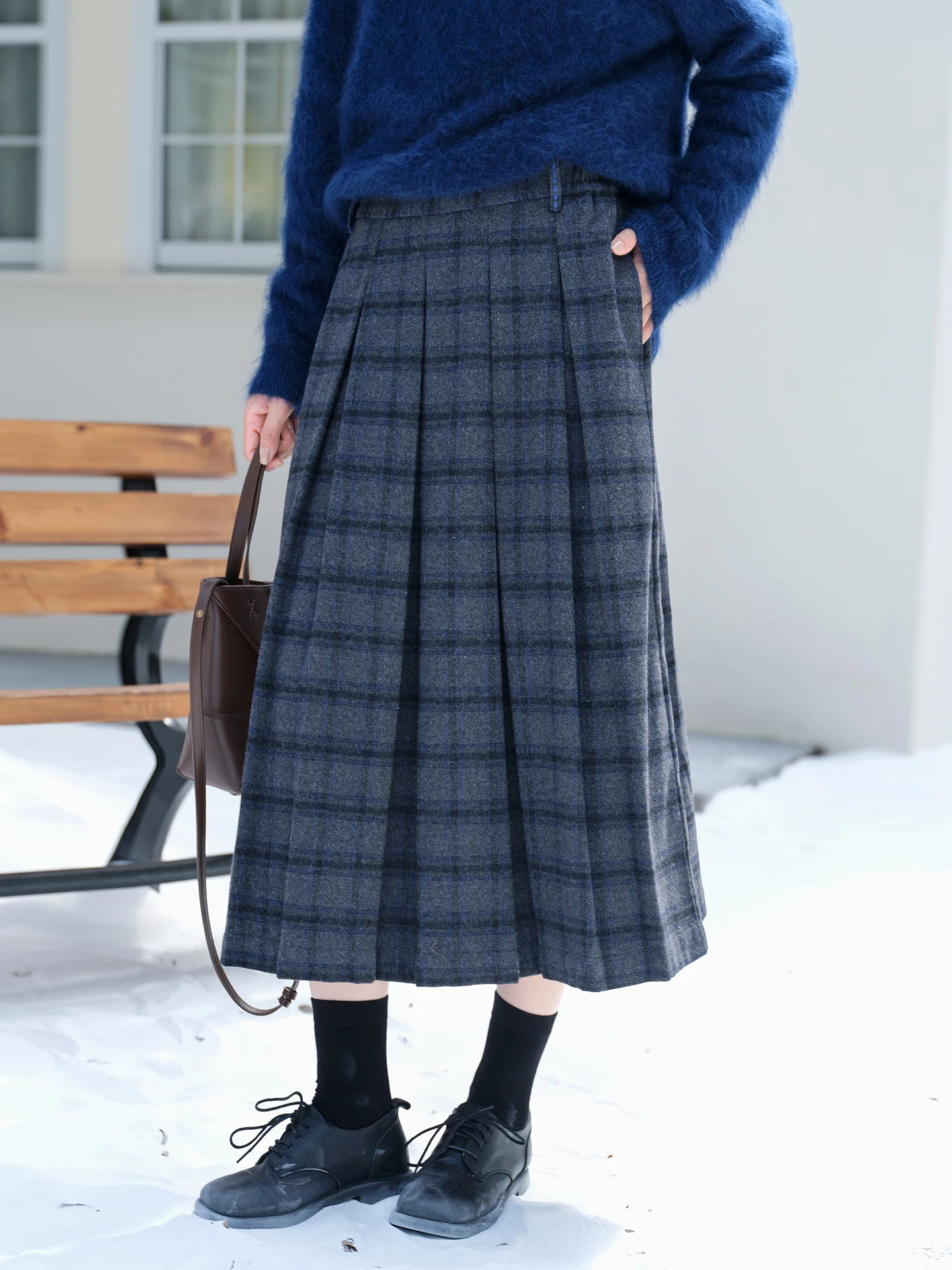 

Плотная твидовая юбка миди А-силуэта из австралийской шерсти в клетку с плиссировкой, готовая к зиме, для повседневной носки, женская, для офиса и отдыха