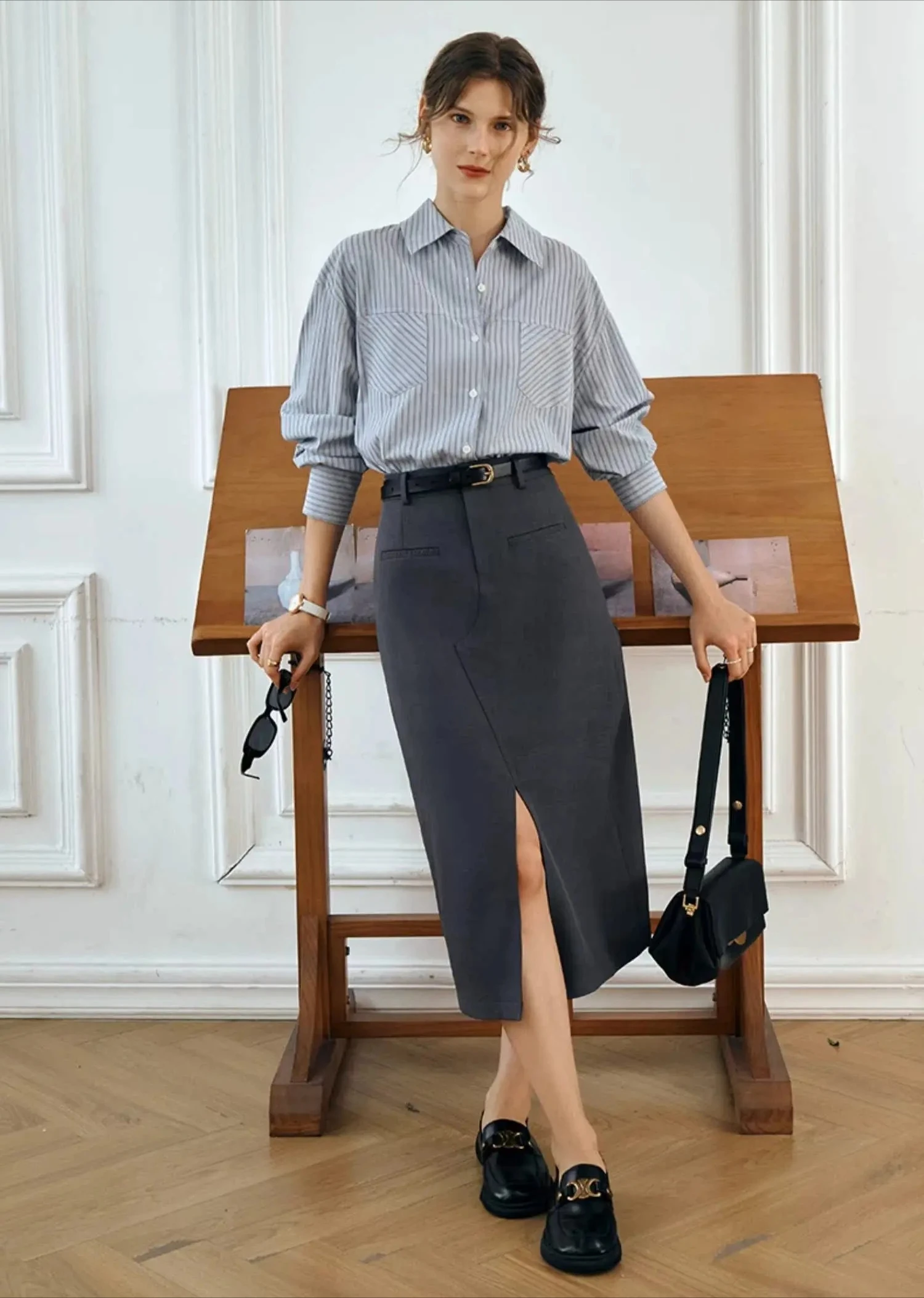 

OLrain женские серые прямые юбки-миди из полиэстера 202, офисная рабочая одежда с высокой талией, подходит для официальной женской юбки, новинка осени O23QB85013