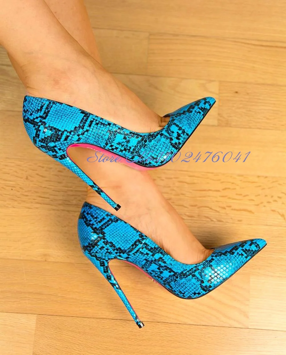 ALMUDENA Pink Sole 12cm Thin High Heels Blue Snakeskin Evening Banquet Shoes Shallow Cut Pythin Pointed Toe Dress Pumps 10cm 8cm