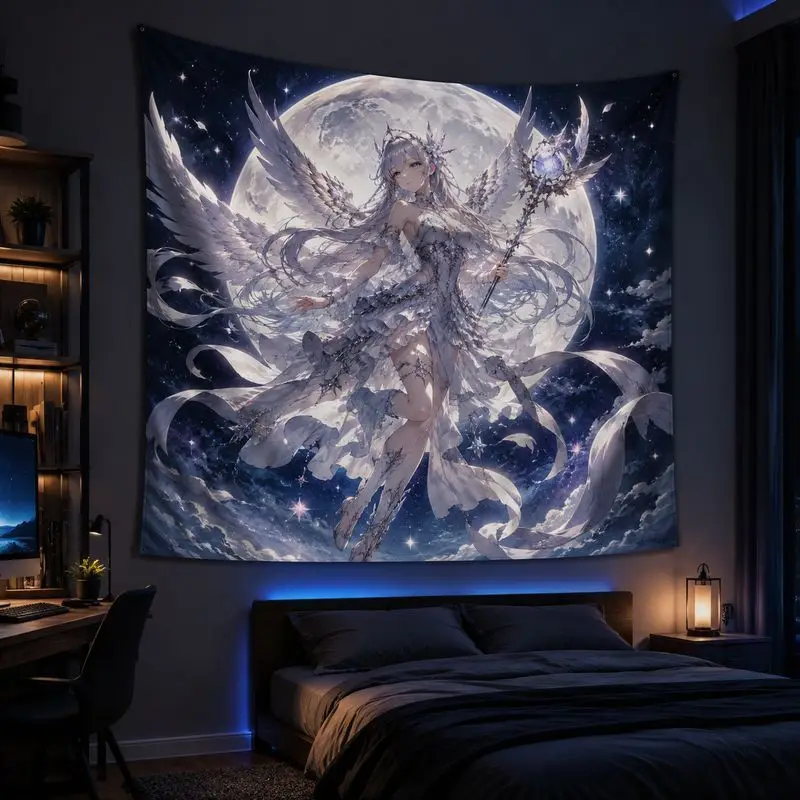 Moon Angel Anime Wall Tapestry Blue Star Wall Hanging Fantasy Gaming Room Decor Cool Bedroom Dorm Throw Cloth