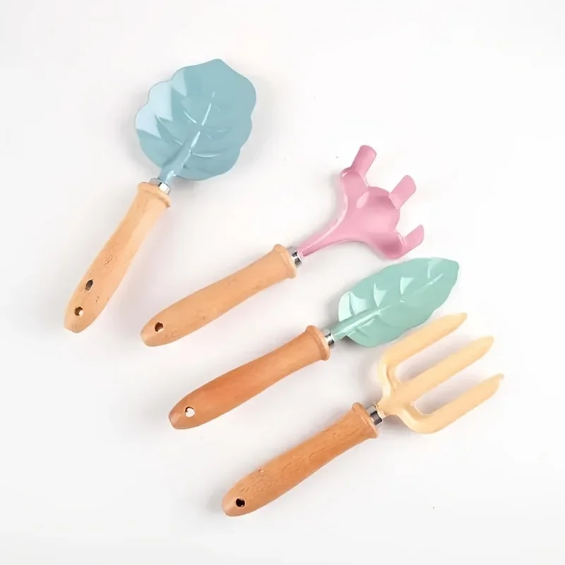 4pcs Little Gardener Tool Set Outdoor Colorful Cute Safe Tool with Wood Hand Shovel Rake Fork Mini Set Kids Girls Gardening Gift
