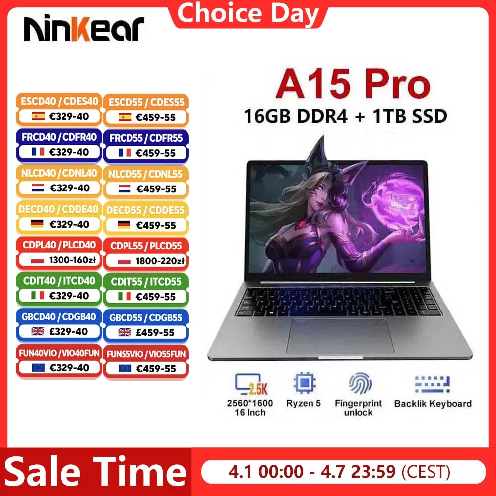 Laptop Ninkear A15 Pro 16GB 1TB AMD Ryzen 5 16 cali 120Hz Ekran 2560*1600 Odcisk Palca do Odblokowania Komputer Przenośny