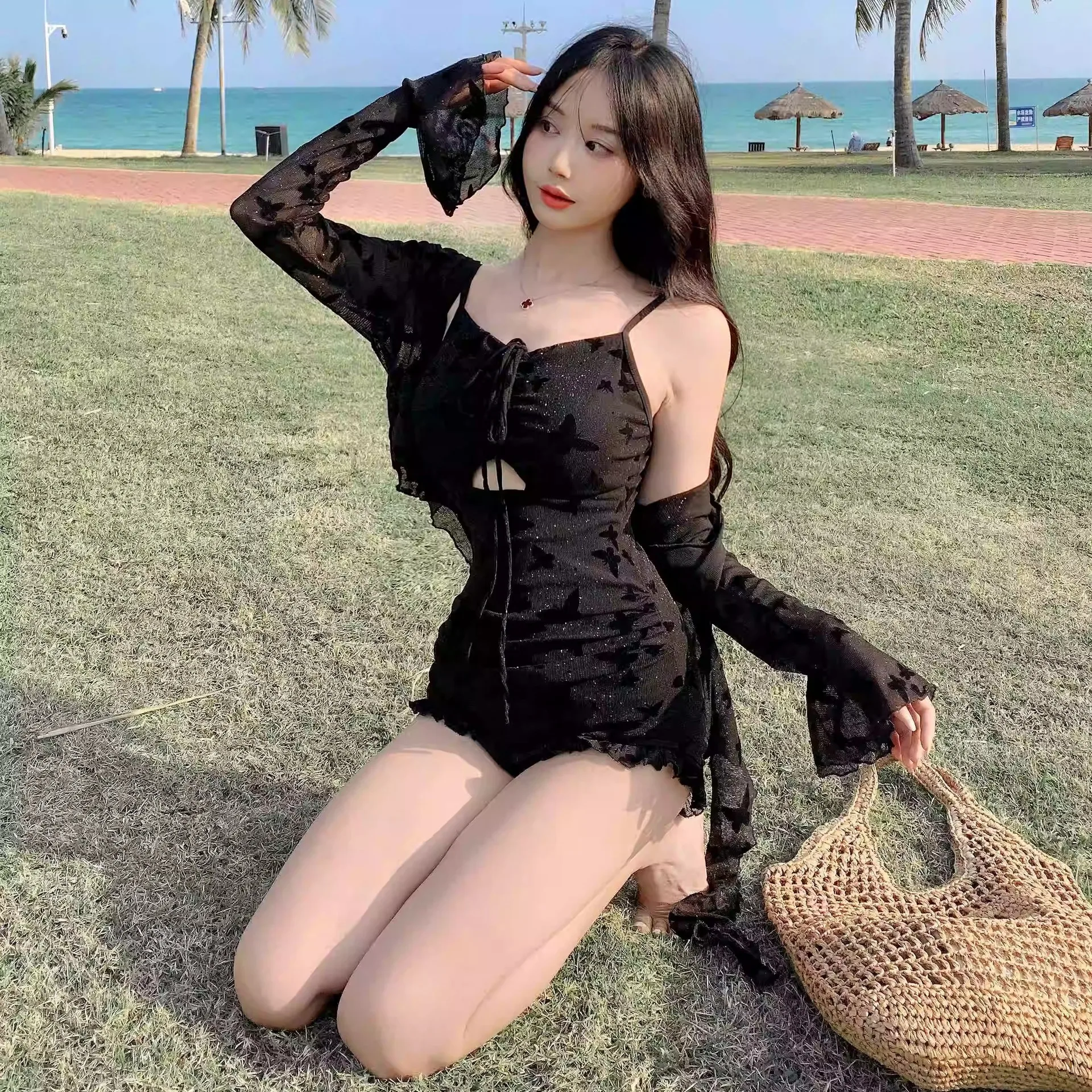 Women's Swimsuit Black Sexy Lace Slim Long-sleeved Blouse Beautiful High-end Pure Desire Hot Spring Swimsuit