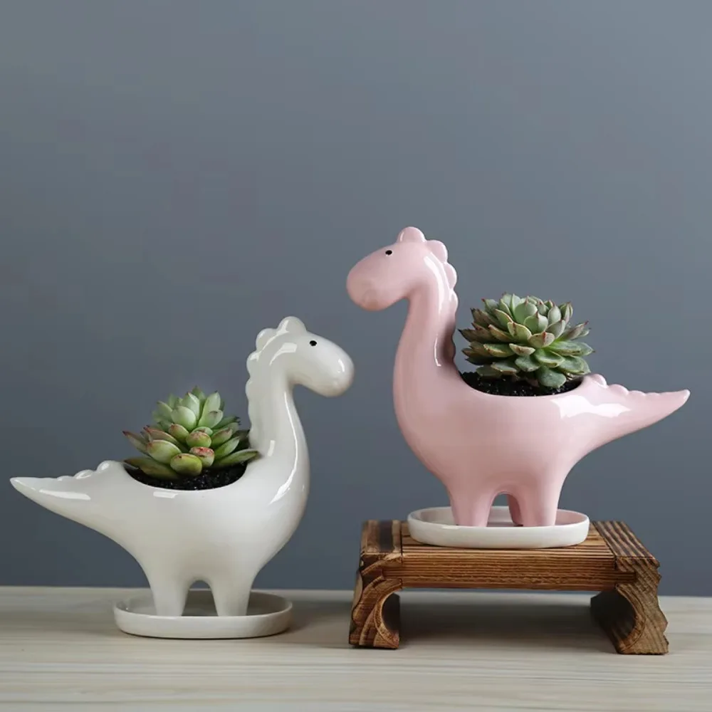 Funny With Tray Dinosaur Flower Vase With Drainage Hole Exquisite Ceramic Flower Pot Kawaii Animal Vase Container Desktop