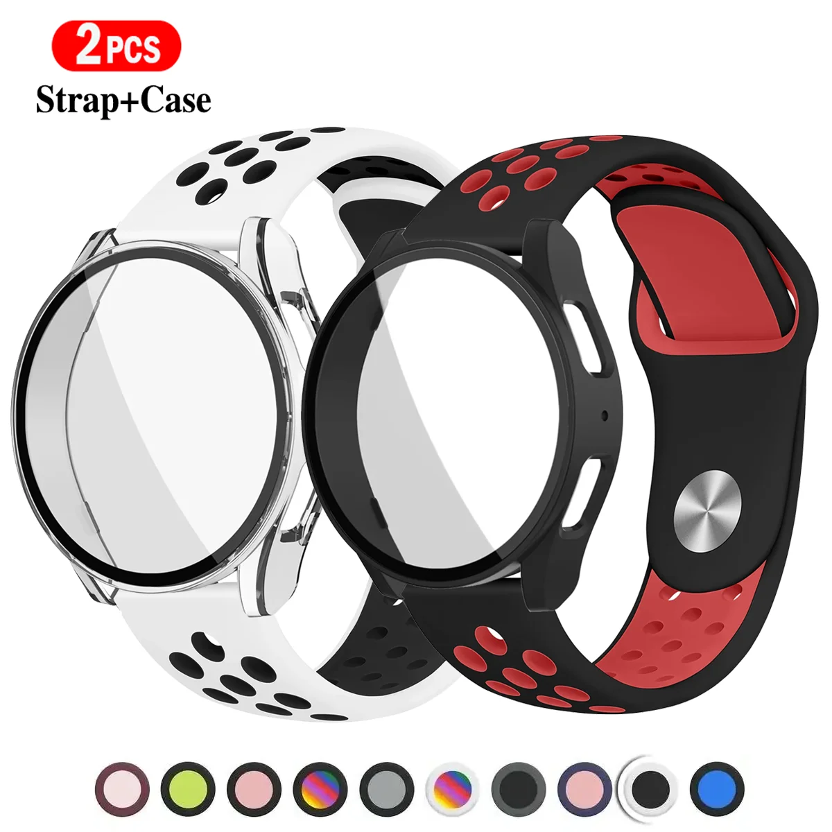 Silicone strap+case for Samsung Galaxy watch 7 6 5 4 40mm 44MM 2 pack PC cover+Tempered Glass+sport hole bracelet on 20mm Bands