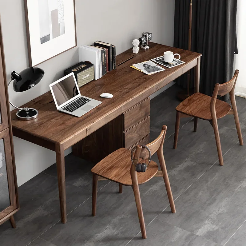 Nordic all solid wood desk, book chair, black walnut double desk, integrated against the wall,