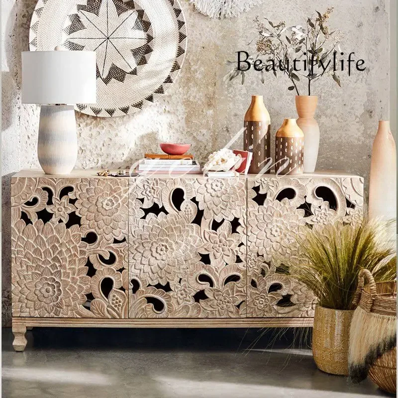 

designer decoration Retro French solid wood porch cabinet simple Hong Kong-style engraving dinnerside storage