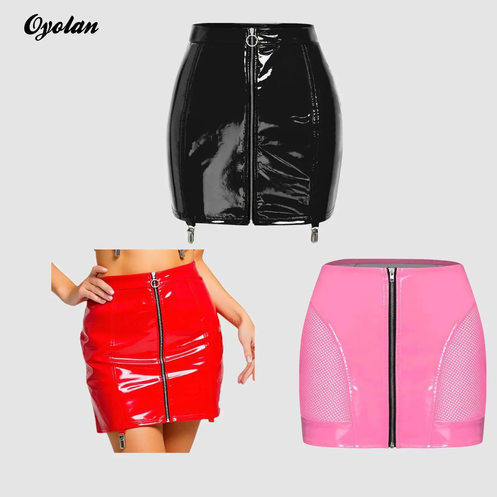 

Womens PU Leather Latex Miniskirt Front Zipper Back Sheer Floral Lace Patchwork And Lace-up Bodycon Skirt Wet Look Clubwear