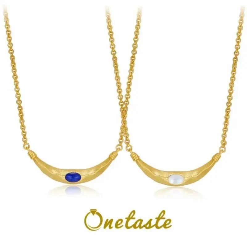 

925 Silver 8K Gold Blue Lapis Lazuli White Mother of Pearl Curve Moon Charm Pendant Necklace Women Trendy Stack Choker Necklaces