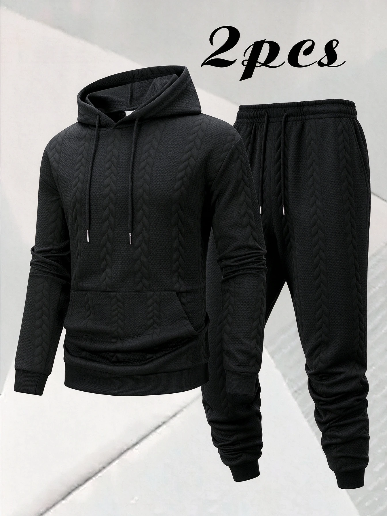 Men Cable Jacquard Hooded Sweatshirt 2 Piece Tracksuit, All Season Textured Knit Hoodie & Jogger Pants Set, Soft Skin-Friendly Breathable Anti-Pilling Outfit