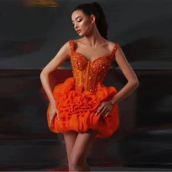 Pretty Orange Beaded Mini Prom Dresses Spaghetti Ruched Pearls Short Cocktail Dress Custom Made Mini Length Formal Party Gowns