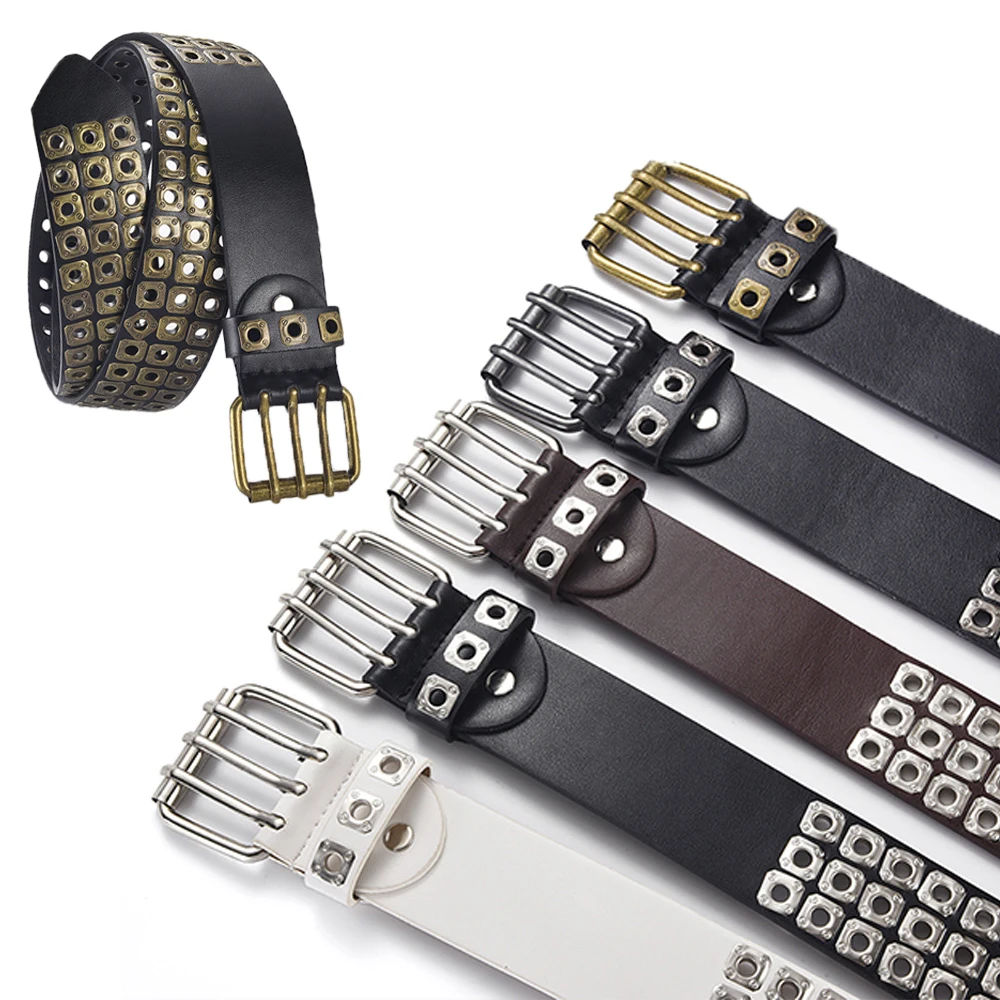 New Square Bead Rivet Belt Goth Style Three Pin Buckle Man/woman Fashion Casual Punk Style Pu Leather Waistband for Jeans