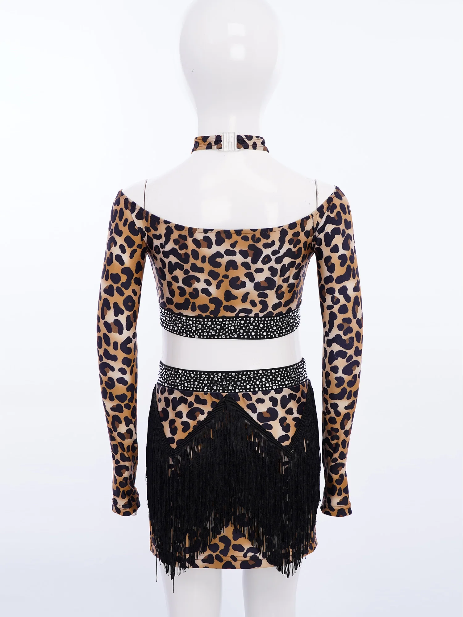 

Kids Girls Leopard Latin Dance Dress Rhinestone Halter Crop Tops with Tassels Skirt Tassel Fringe Ballroom Performance Costume