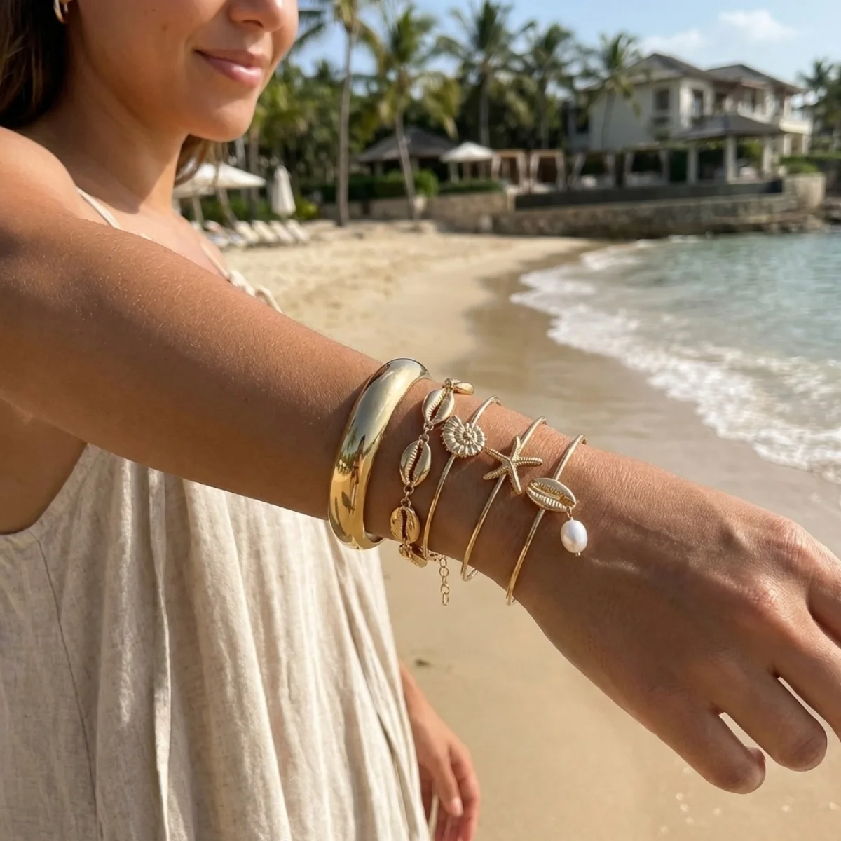 Böhmisches Mehrschichtiges Seestern-Muschel-Armreif-Set für Damen und Herren, Sommer-Strand-Urlaub, klobiger Armreif, Party-Schmuck – Detail 6