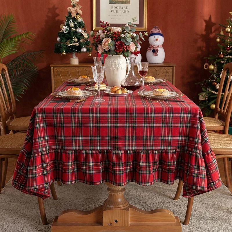 Vintage Red Black Plaid Ruffled Tablecloths Rectangle Christmas Decoration for Kitchen Restaurant Dining Party Home Table Covers