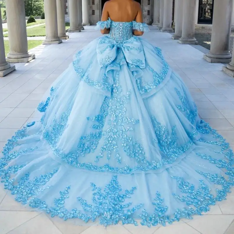 Sky Blue Shiny Ball Gown Quinceanera Dresses Off the Shoulder Applique Lace  Tull Party Birthday Sweet 16 Vestidos 15 Customized