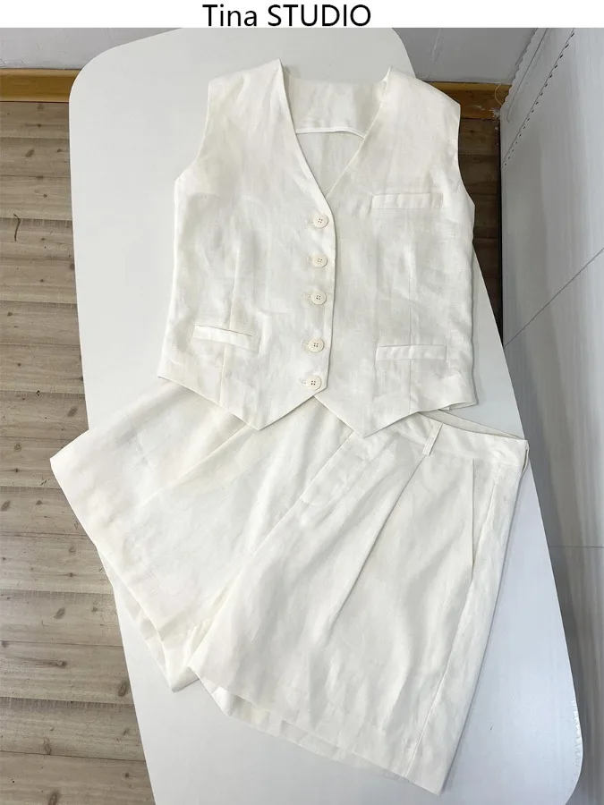 

High-End Han Han Hemp White Vest orts Set Women Summer Faion Retro Svel Vest Two-Piece Set ort Sve V-Ne Button