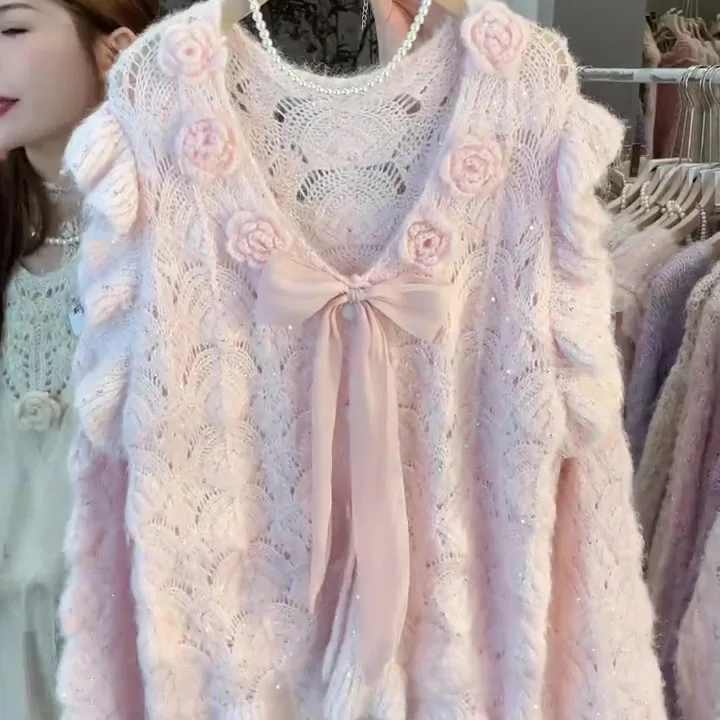 

Stunning Sweet Sle 3D Flower V-Ne Women's Sweater Knitted Top Autumn Winter New Arrival Regular Thin Other Material