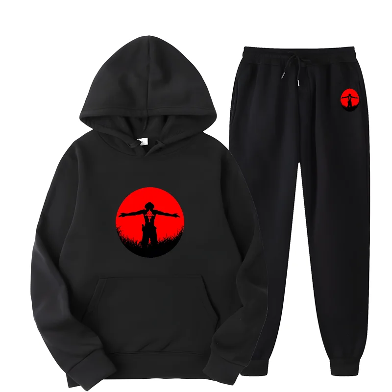 New Japanese Anime Print Mens Hoodies and Pants Set Brand Male Fitness Clothing Men Sport Tracksuits Triple Slant Hoodie