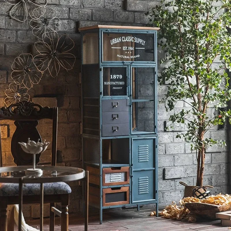 for Loft Industrial Wall Vertical Cabinet Household Wrought Iron Display American Retro Storage Solid Wood Wine Cabinet