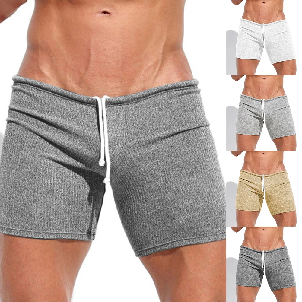 Mens Sexy Drawstring  Ribbed Sleepwear Shorts Outdoor Sports Jogging Gym Sportswear Short Pants Holiday Casual Slim Male Shorts