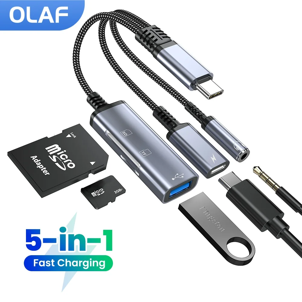 5-in-1 Type C Adapter Type C To USB C Charging/3.5mm/SD TF USB2.0 Card Reader Adapter Cable High Speed For iPhone 15 16 Samsung