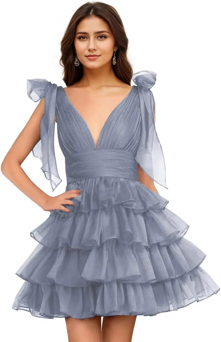 

V Neck Tulle Homecoming Dress with Tiered Ruffles Ruched Short Mini Prom Ball Gown for Cocktail Party above Knee