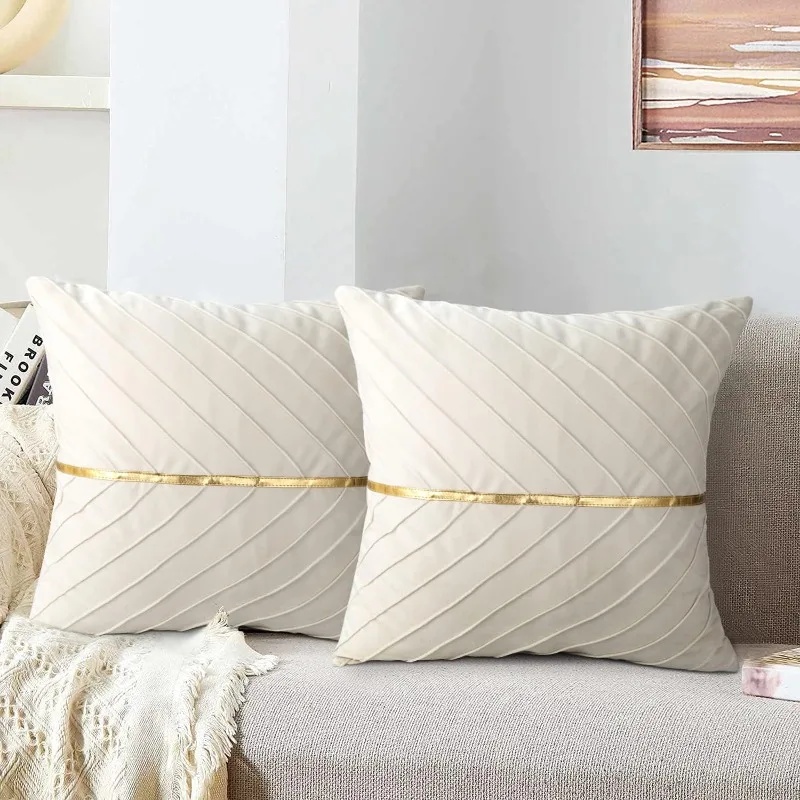 2pcs 45 X 45 Cm Velvet Beige Sofa Cushion Covers for Elegant Chairs Gold Square Decorative Stripe for Car Garden Camping Living