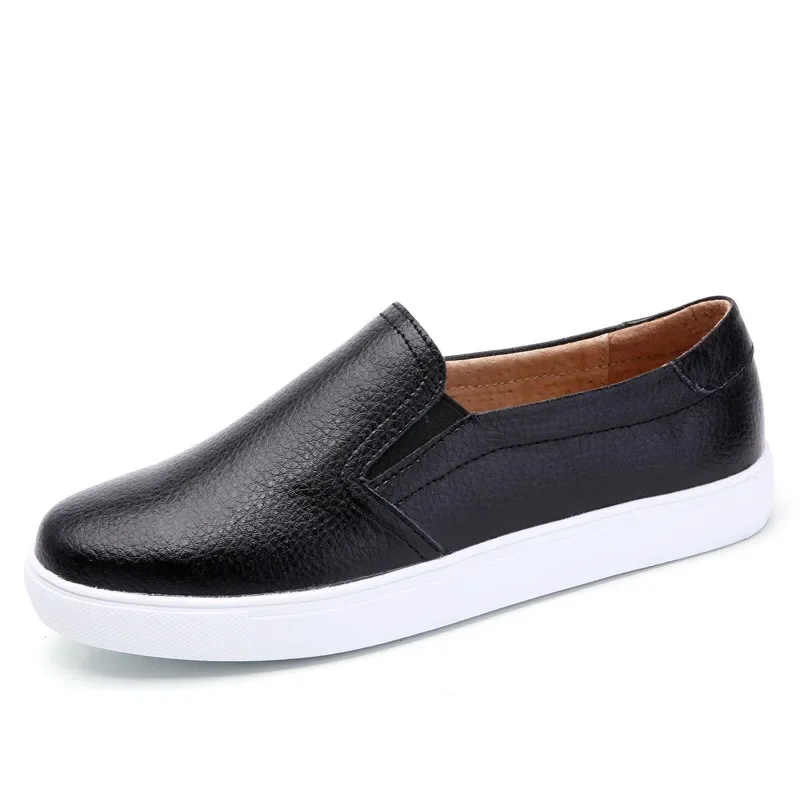 Women Ladies Female Gril Genuine Leather White Shoes Flats Platforn Sneakers Slip On Soft Vulcanized Shoes