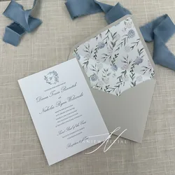 Chic Blue Letterpress Wedding Invitation Cards, Cotton Wedding Invitations with Beautifully Patterned Envelope Lining