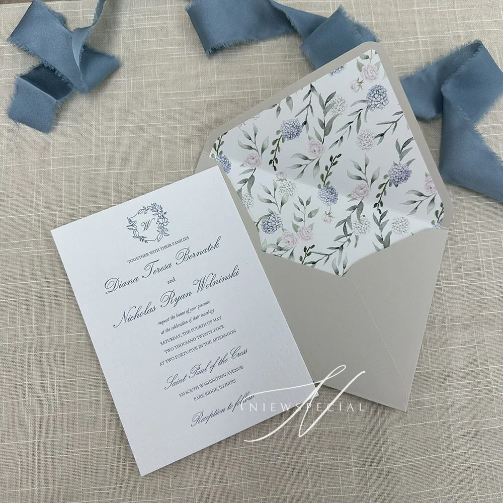 Chic Blue Letterpress Wedding Invitation Cards, Cotton Wedding Invitations with Beautifully Patterned Envelope Lining