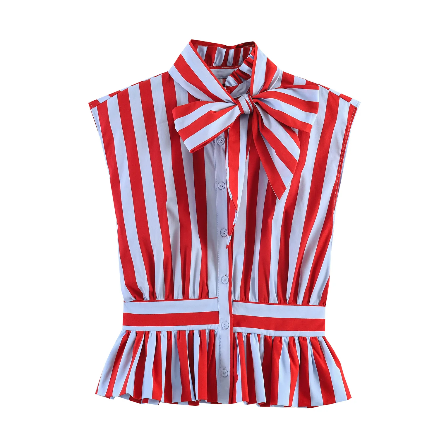 Camisa de Verano Nueva, Versátil, con Cierre de Botones, Decoración de Lazo de Mariposa, Cuello Alto, Sin Mangas, a Rayas, de Poliéster, Estilo Básico