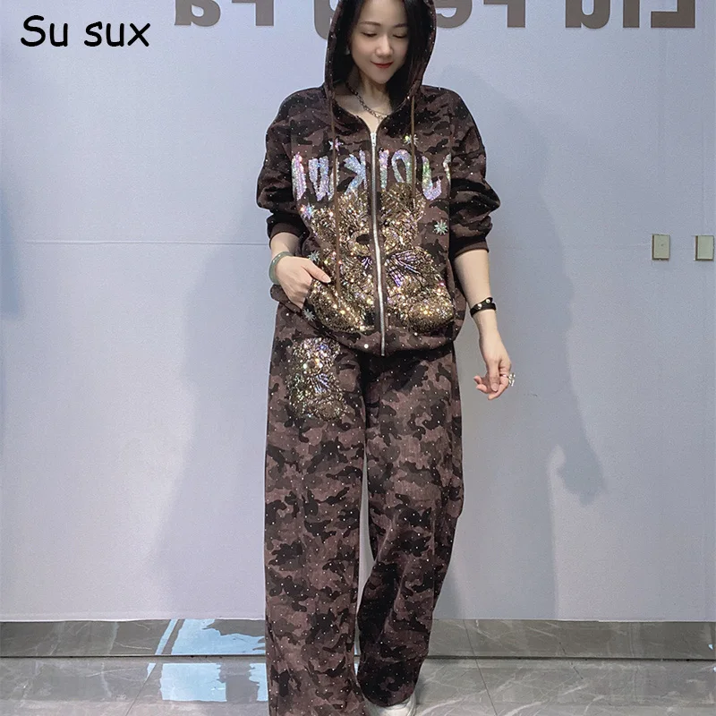 Cartoon Pattern Camouflage Hooded Zipper 2 Piece Sets Woman Casual Oversized Straight Pant Sets Japanese Korean Fashion Outfits