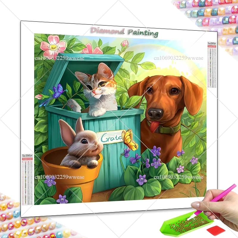 Stitch Products 5D Diamond Painting Dog Cat Rabbit In Garden Drawings Full Rhinestone Mosaic Ukrainian Embroidery For Wall Decor