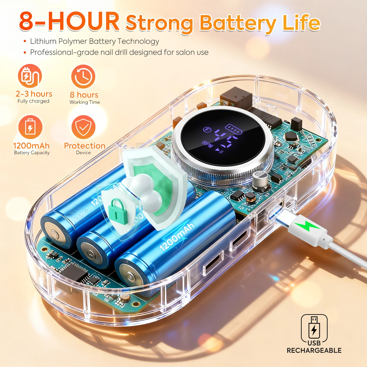 Taladro de uñas eléctrico recargable: 45000 RPM, batería de 8 horas, pantalla LCD HD: limado y eliminación de uñas profesionales de grado salón