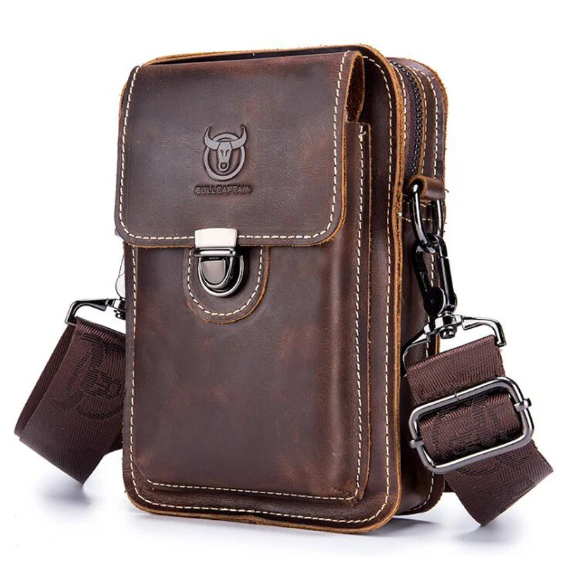 BULLCAPTAIN Crazy Horse Leather Male Waist Pack Phone Pouch Bags Waist Bag Men's Small Chest Shoulder Belt Bag Back Pack