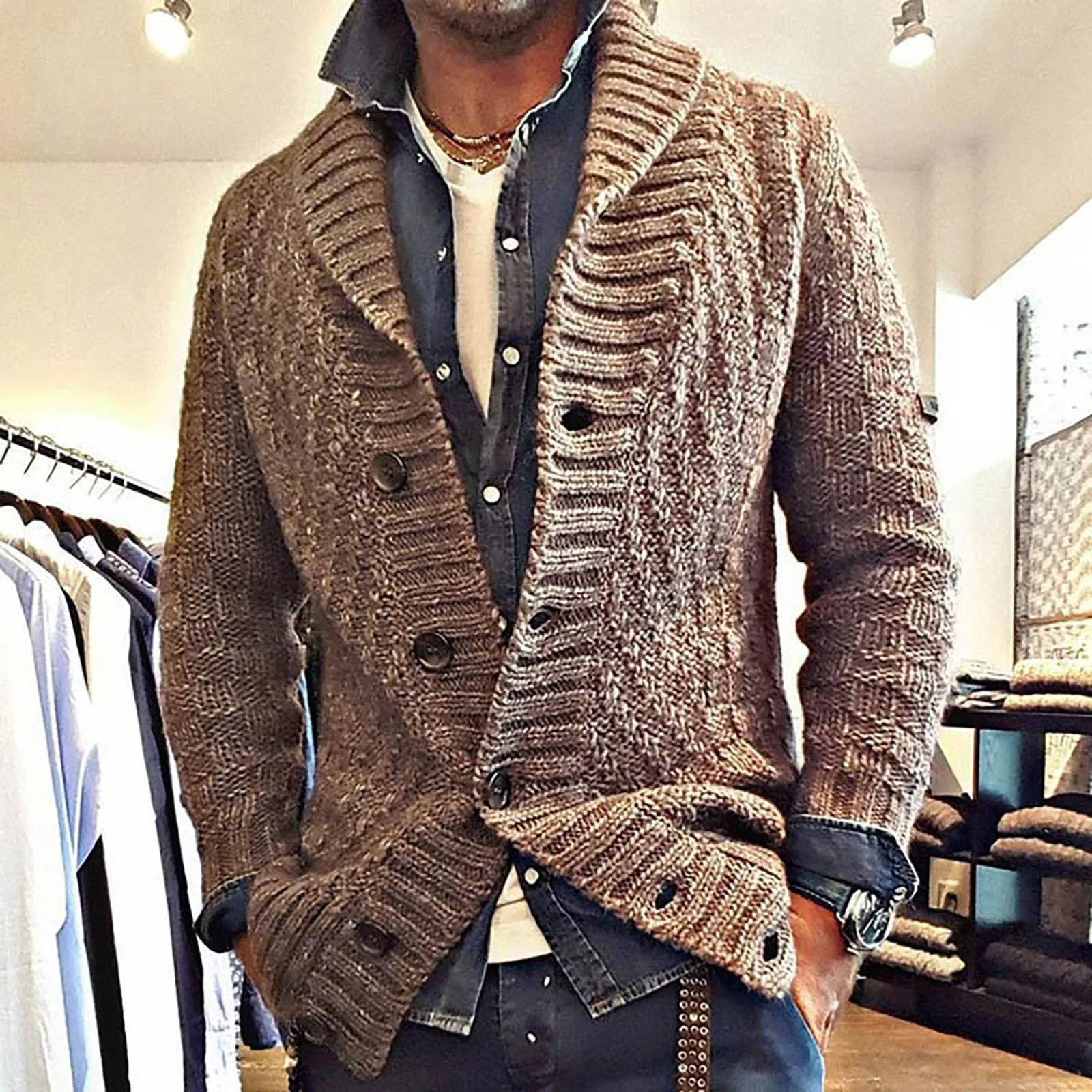 

Soft Sweater Vantage Men'S Autumn Winter Full-Sleeved Knitted Cardigan Lapel Long Sweaters Button Overcoat Thicker Warm Knitwear