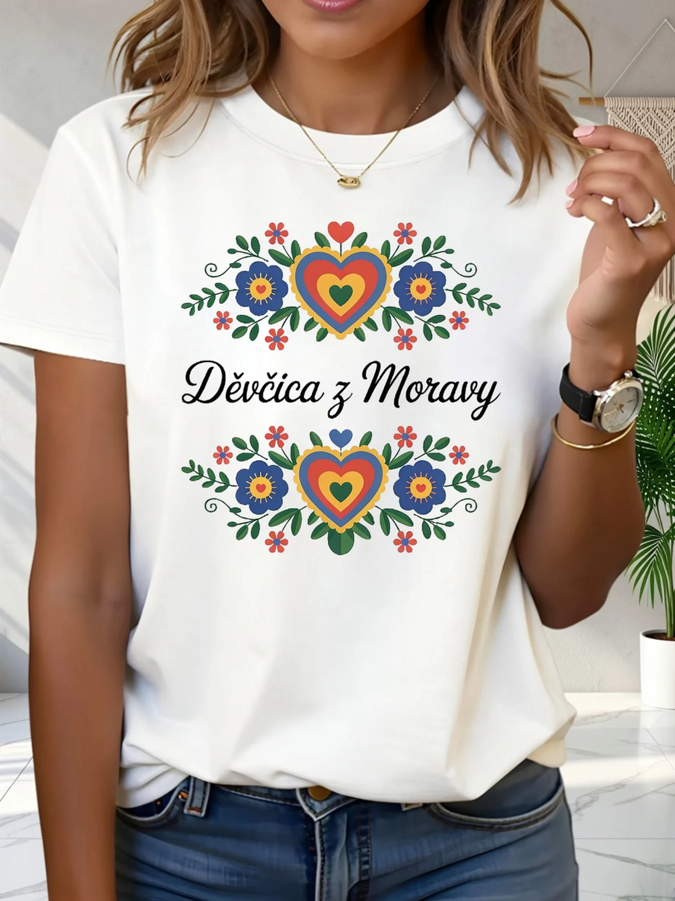 Women's Bohemian Czech Moravian Letter Print T-Shirt Short Sleeve Crew Neck Tops with Suitable for Day Wear and Themed Parties