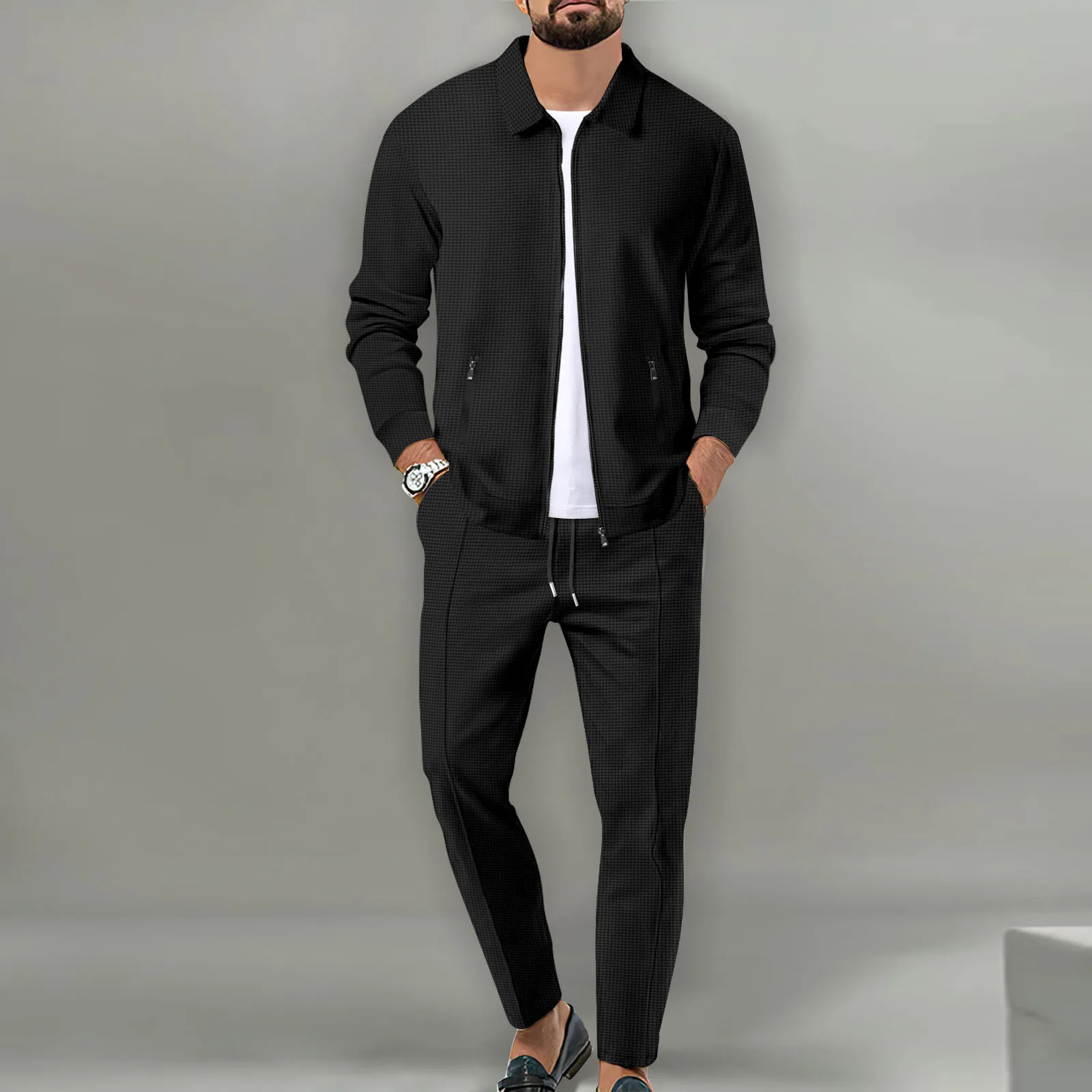 2026 Coat Fall Waffle Zip Pocket Lapel Slim Cardigan Men's Jacket Set