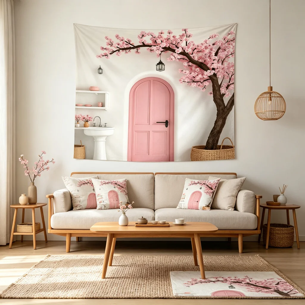 1PC Pink Door Sakura Art Print Backdrop Banner, Bedroom Living Room Photo Background, Polyester, Home Decor, Wall Art