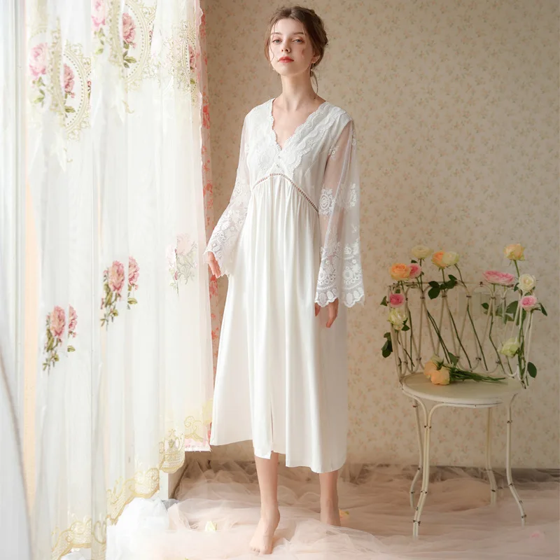 Embroidered Lace Long Sleeve Night Dress Women Fairy Cotton Sexy Peignoir Vintage Nighty Victorian Nightgowns Princess Sleepwear