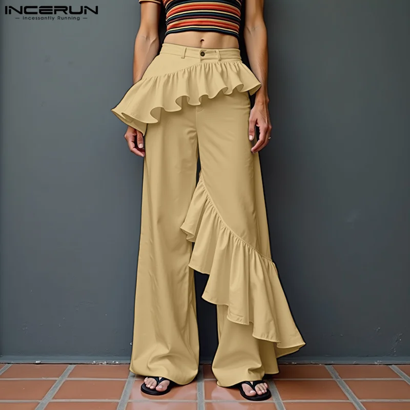 

INCERUN Men Pants Solid Color Ruffle Button Joggers Oversize Casual Straight Trousers Men Streetwear 2025 Fashion Long Pants