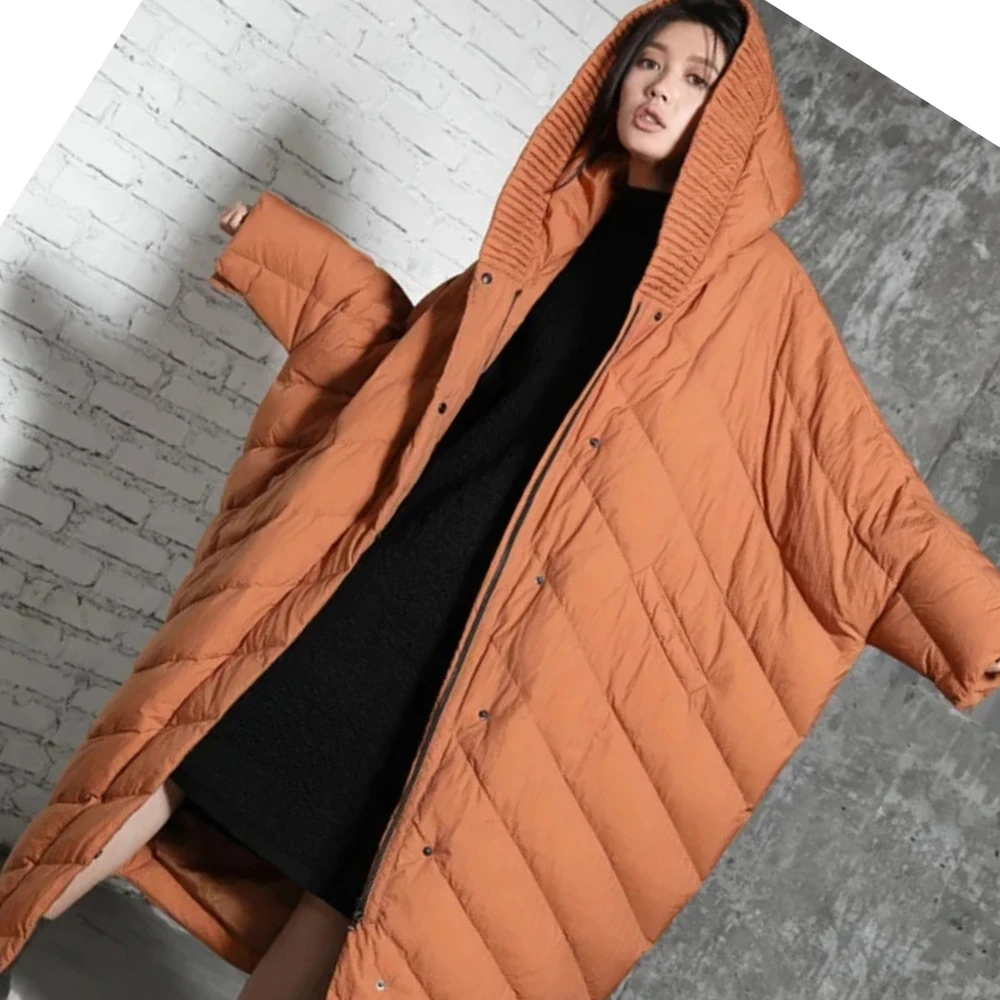 High Quality Batwing Sleeves 90% Duck Down Coat Women Winter Warm Long Trench Coat Puffer Jacket Oversized Hooded Down Jacket