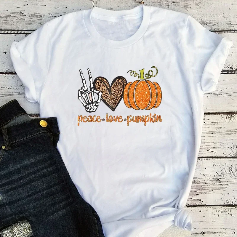 Peace Love Pumpkin Shirt Horrible T-Shirt Halloween Pumpkin Woman Tshirts Harajuku Funny Skeleton Graphic Tee Cartoon Black